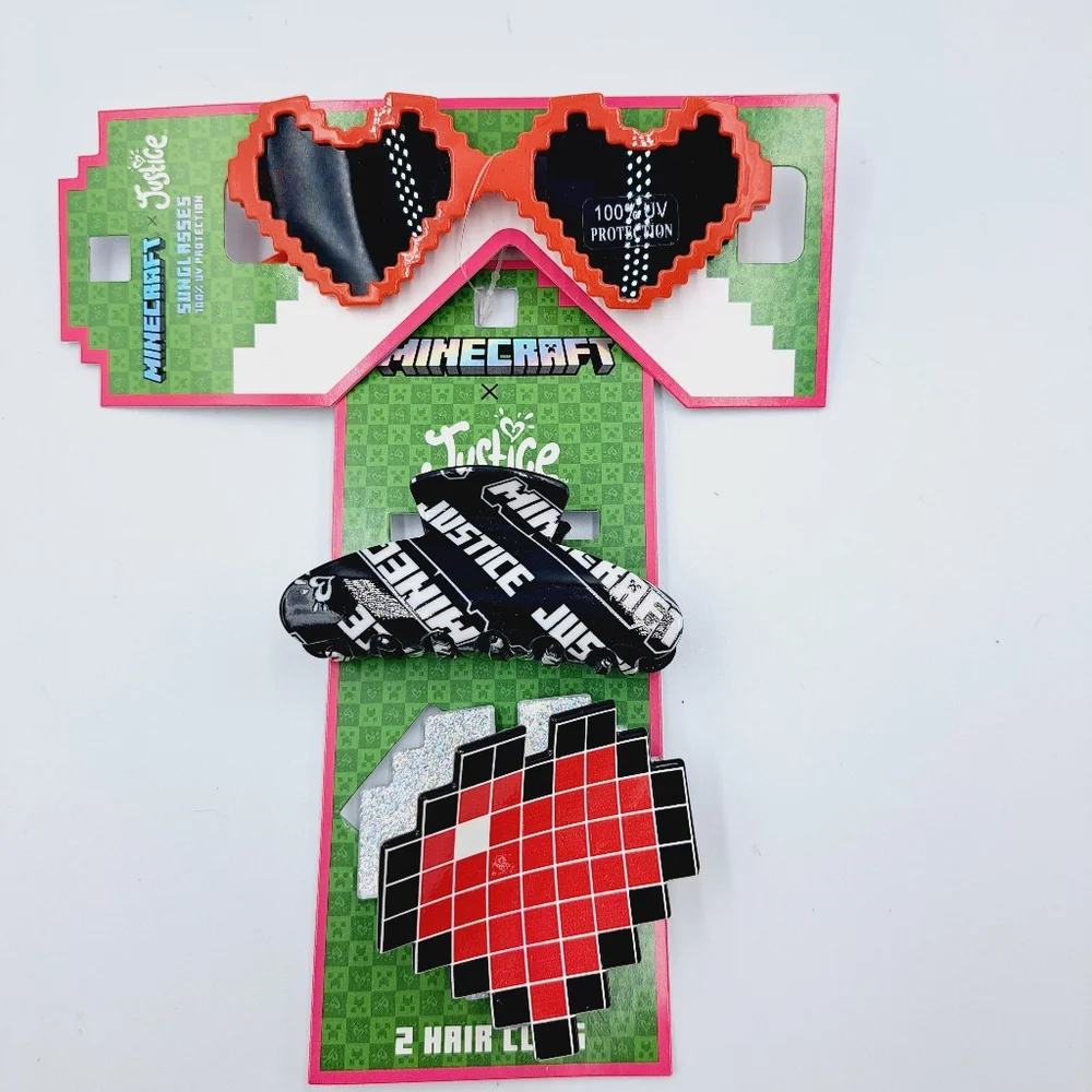 Minecraft Pixel Heart Sunglasses and Pixel Large Heart Hair Clips Set